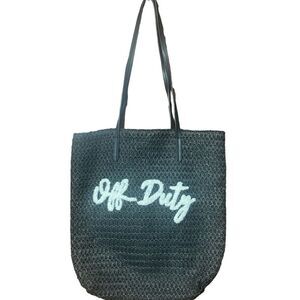 Off Duty Graphic Large Woven Straw Shoulder Tote Black Summer Beach Bag